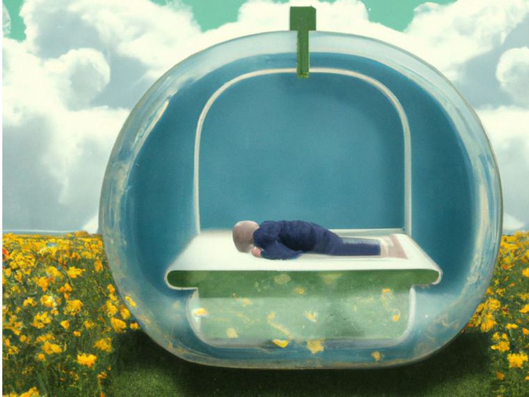 un niño reposa en una capsula de suicidio situada en un prado verde y con flores y un cielo con nubes blancas
