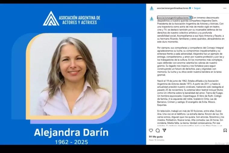 Fallece Alejandra Darín, presidenta de la Asociación Argentina de Actores, a los 58 años