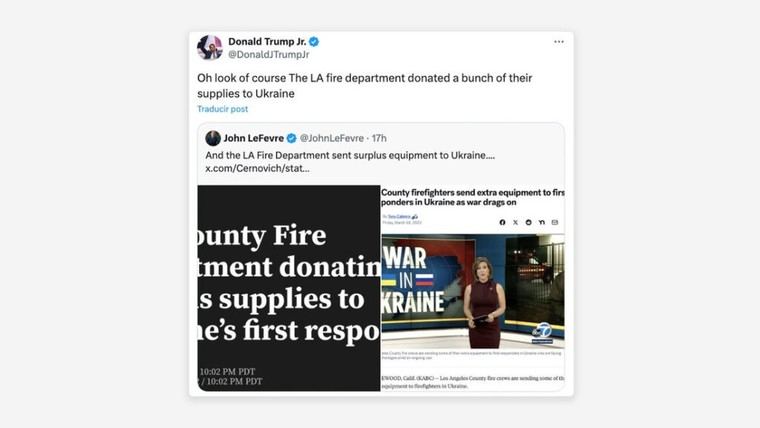 Trump Jr. critica ayuda de EE.UU. a Ucrania en medio de incendios en California